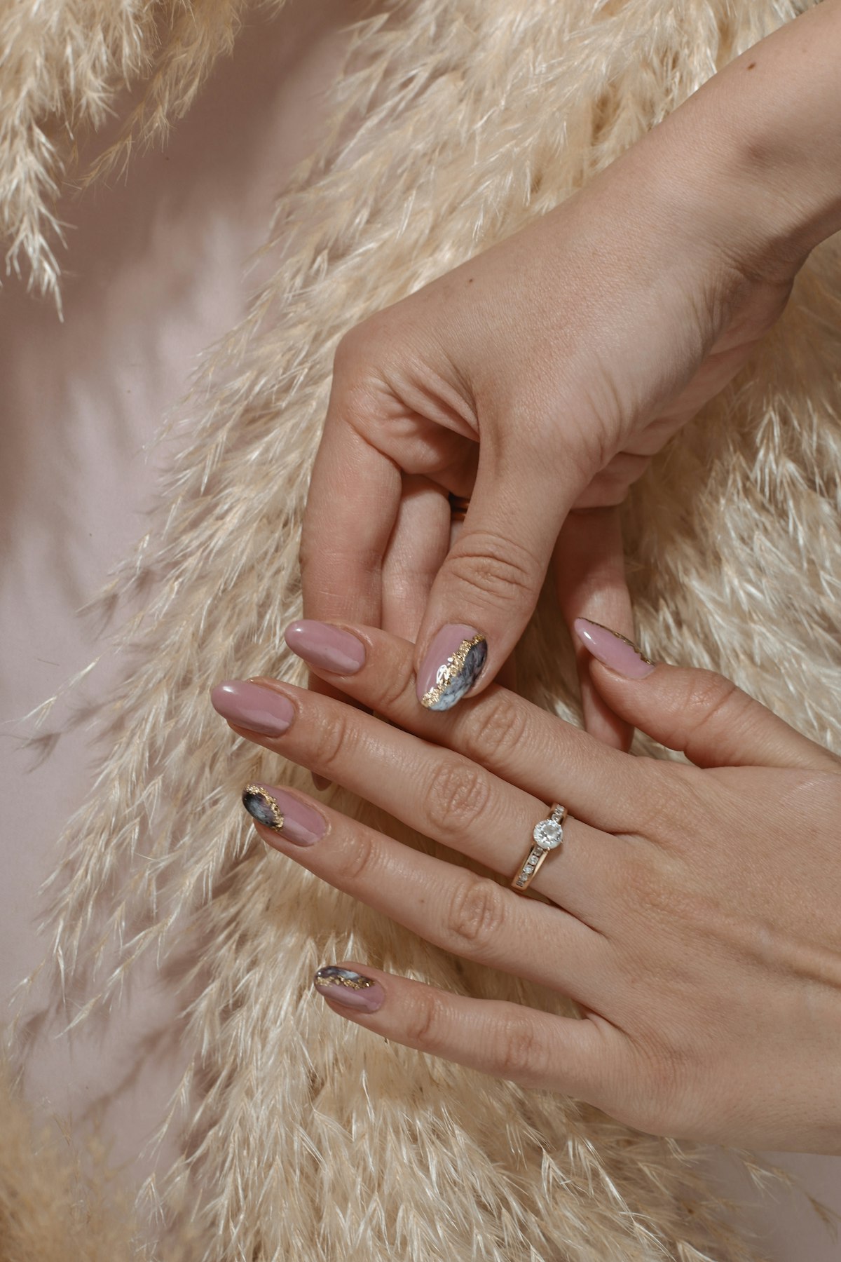 Soft nude nails with diamond ring
